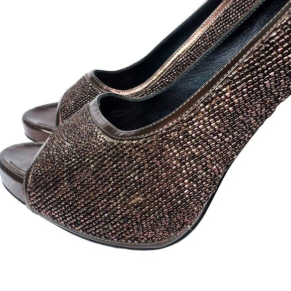 Vintage Givenchy Peep Toe Pumps Brown Beaded Patent Leather Size 39 1/2 - Picture 2 of 8